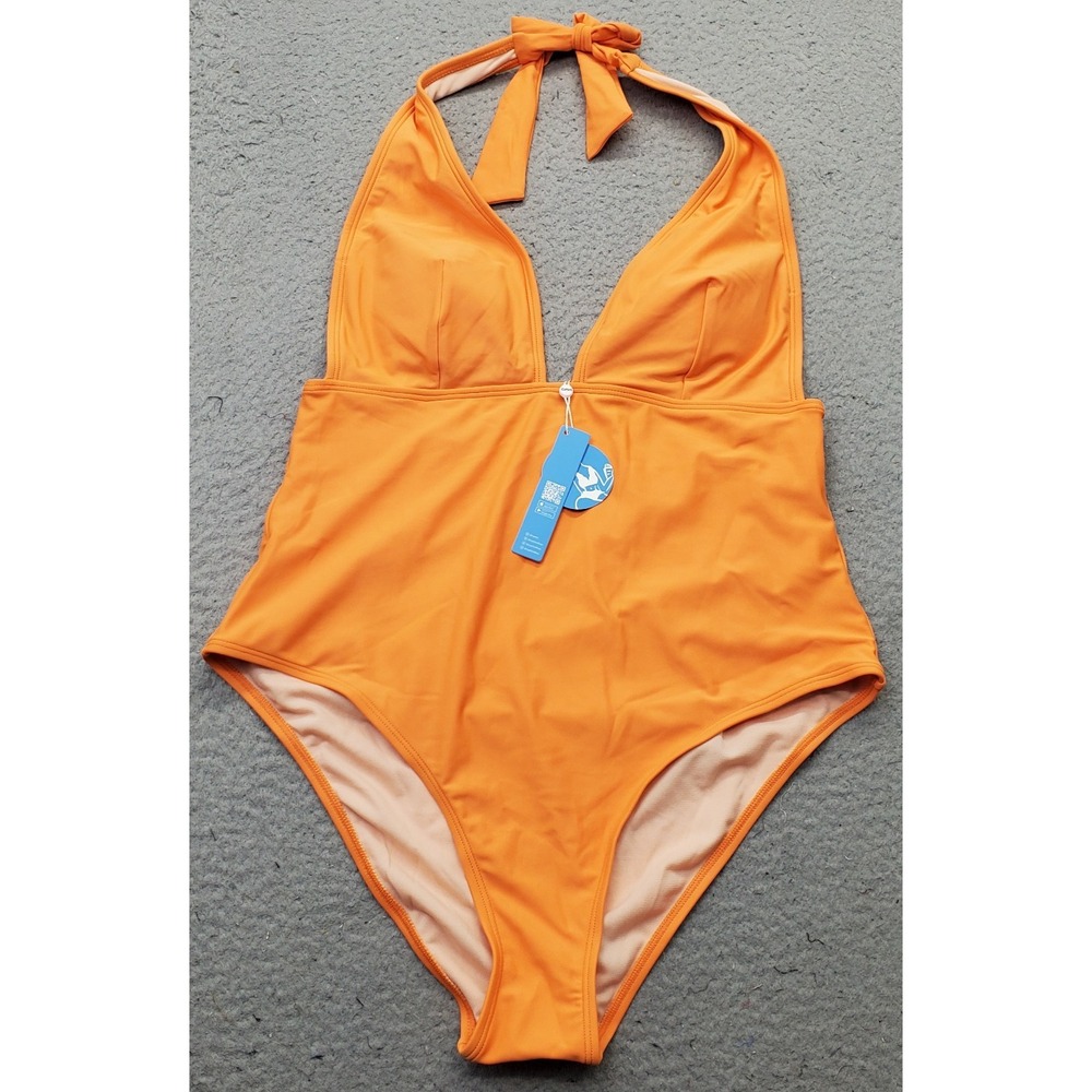 Cupshe One-Piece Swimsuit Womens Large Orange Deep Plunge Halter Neck Backless